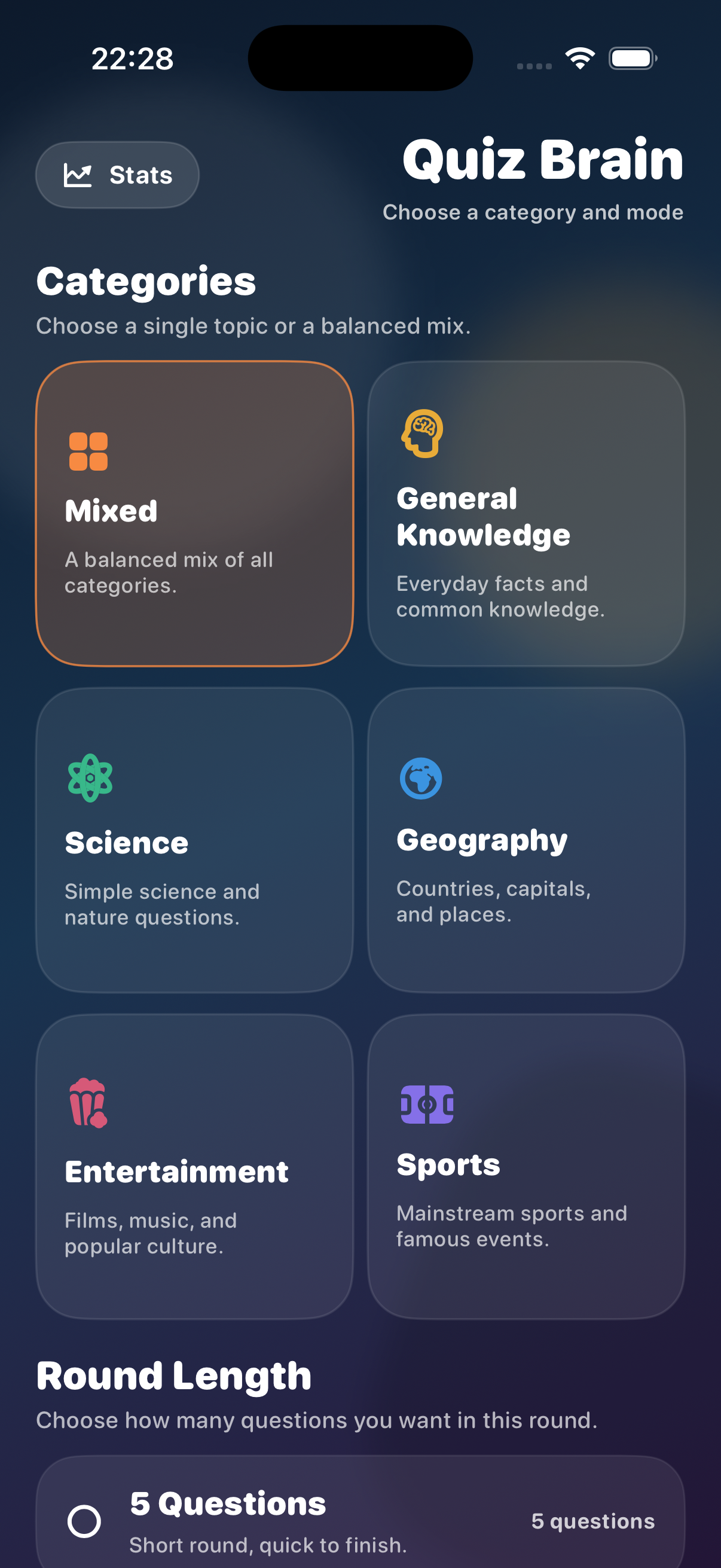 Quiz Brain home screen showing categories and round setup