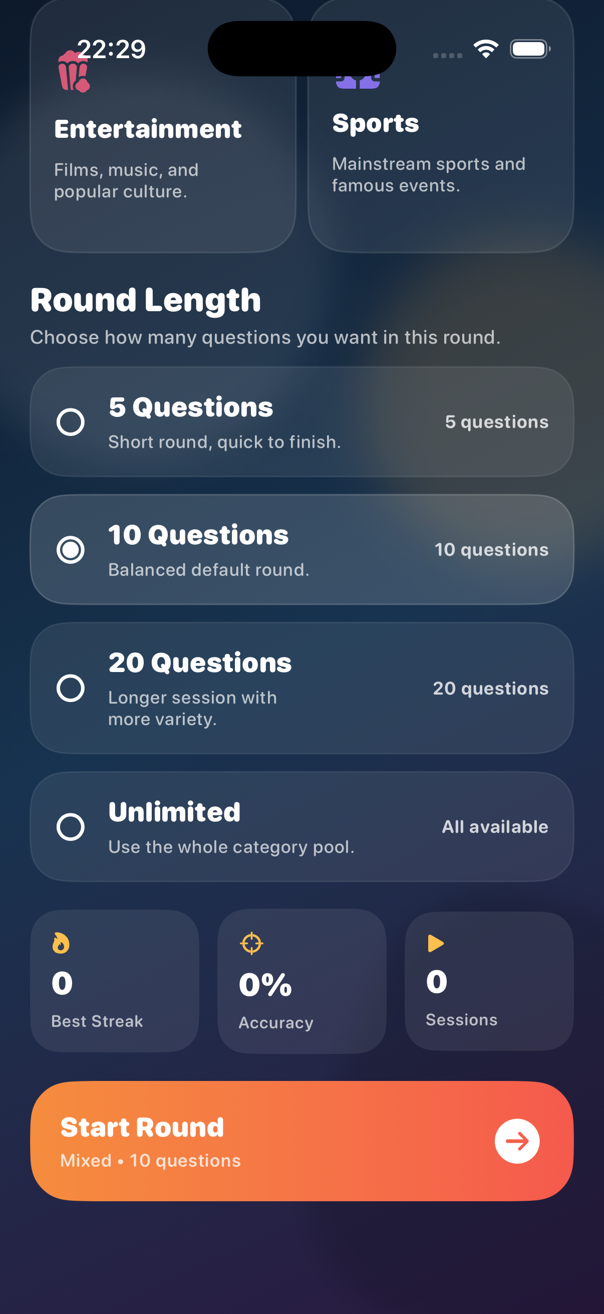 Quiz Brain question screen with answer choices and score