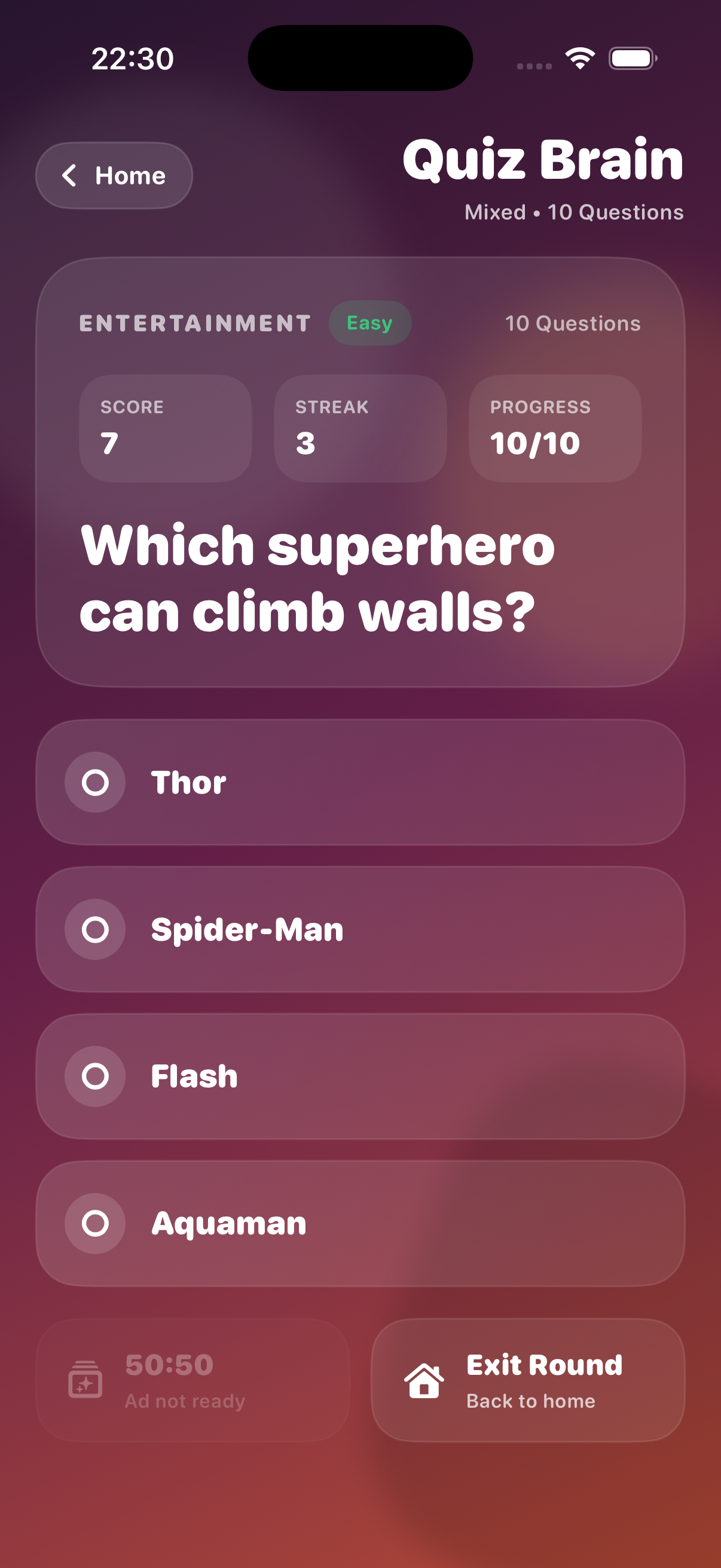 Quiz Brain round completion screen