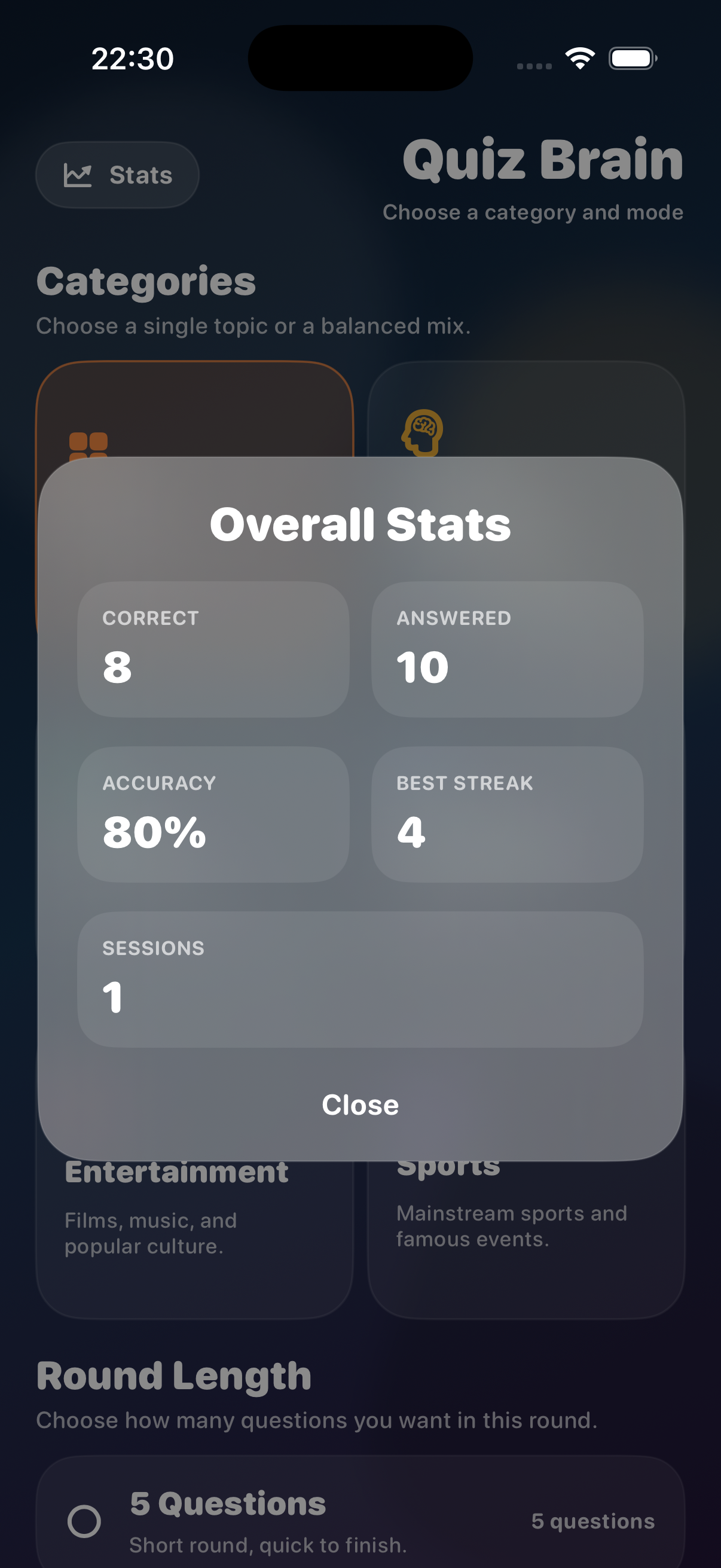 Quiz Brain statistics view