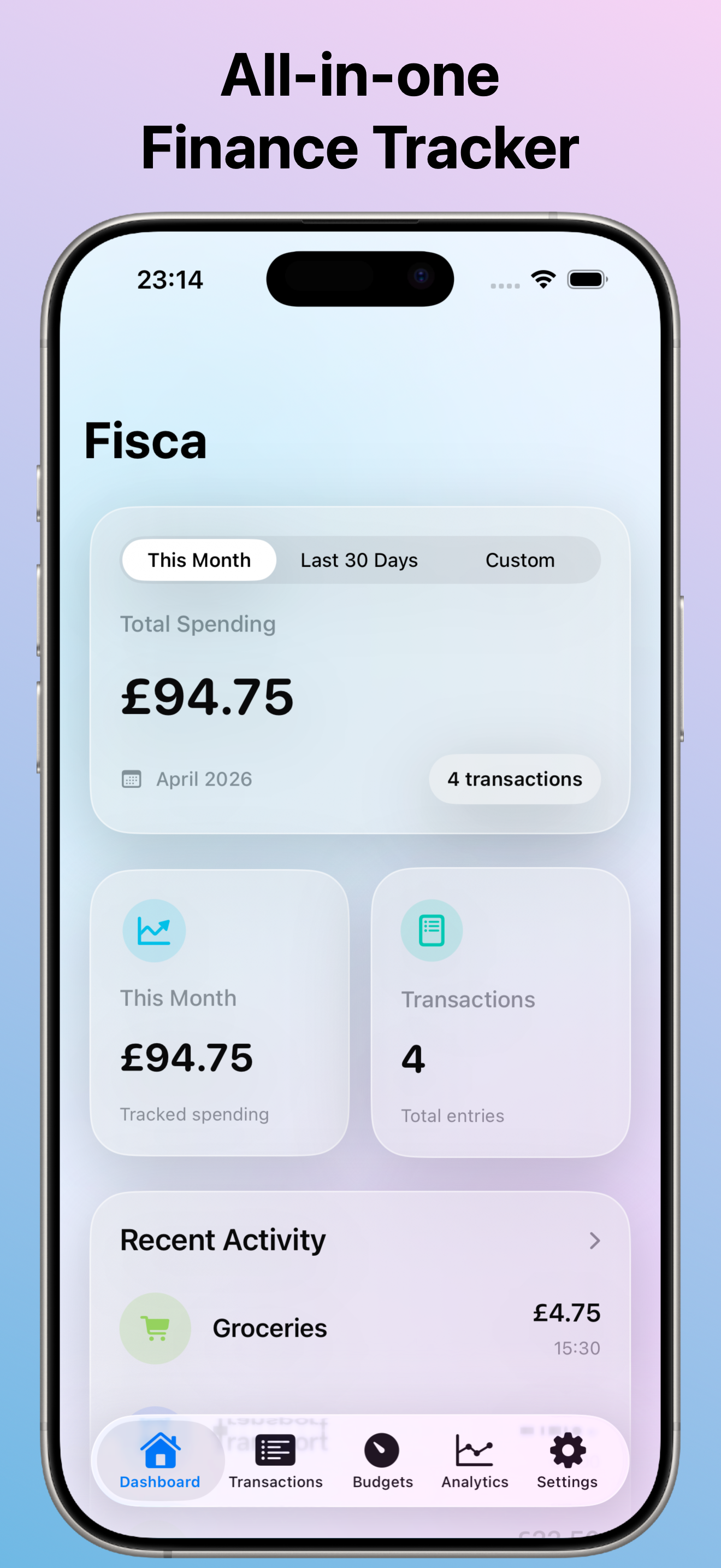 Fisca dashboard showing total spending overview with category breakdown.