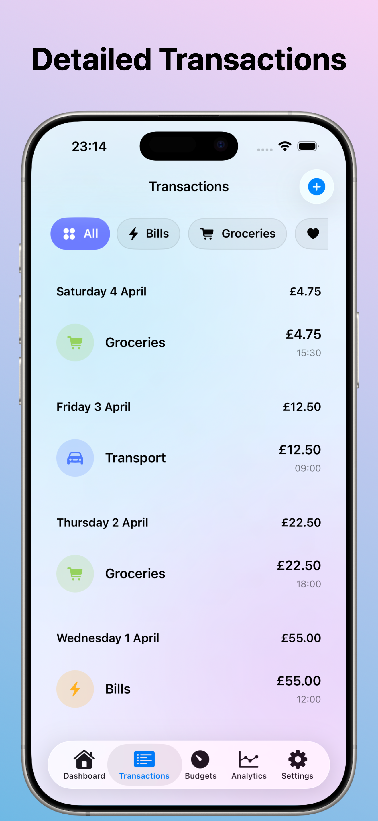 Fisca transaction list displaying expense history and details.