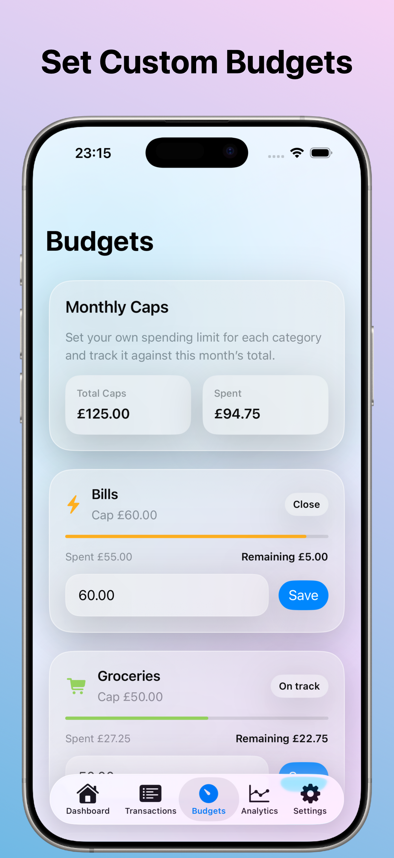 Fisca budget view showing monthly spending limits and progress.